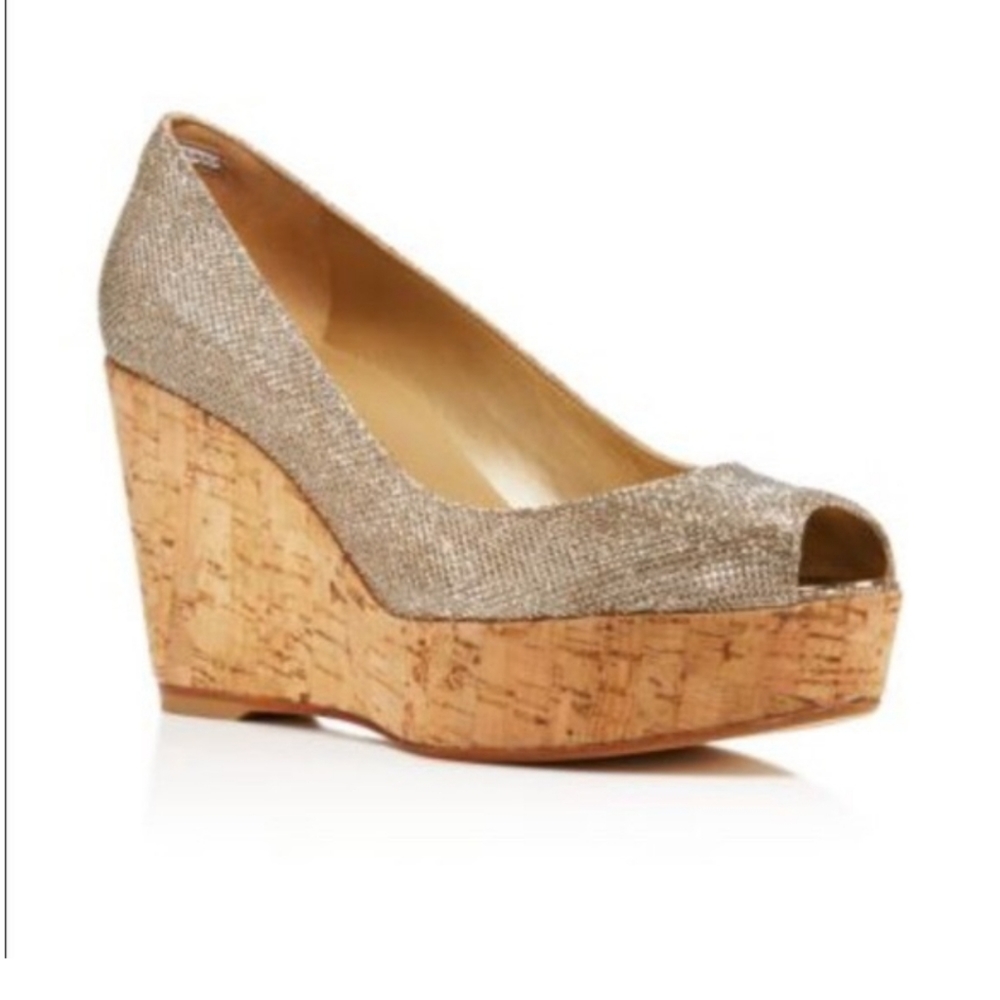 Stuart Weitzman Glittering Silver Cork Wedges